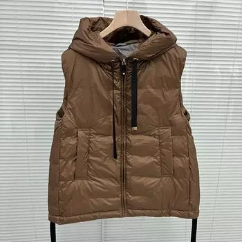 МОДА 2024 Новый женский пуховый жилет с капюшоном без рукавов на шнурке зимний жилет теплый короткий жилет одежда S чёрный