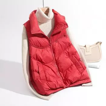 МОДА 2024 Новый женский жилет с коротким воротником-стойкой, маленький белый утиный пух, свободный модный жилет, трендовая одежда S жёлтый