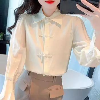 Мода 2024 Осень Длинный рукав Бисероплетение Отложной воротник Повседневная Абрикосовая блузка Рубашка Женские топы Блузки Рубашки J436 S абрикосовый