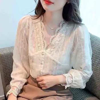 Мода 2024 осень длинный рукав кружева V-образный вырез абрикосовая блузка рубашка женские топы блузки рубашки J579 S абрикосовый