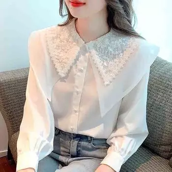 Мода 2024 осень длинный рукав кружевной кукольный воротник повседневная белая шифоновая блузка рубашка женские топы блузки рубашки J578 S белый