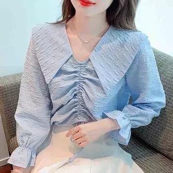 Мода 2024 осень длинный рукав кукольный воротник повседневная синяя абрикосовая шифоновая блузка рубашка женские топы блузки рубашки J560 S абрикосовый