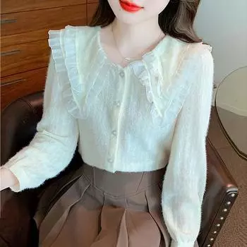 Мода 2024 осень длинный рукав кукольный воротник абрикосовый кружевной блузка рубашка женские топы блузки рубашки J485 S абрикосовый