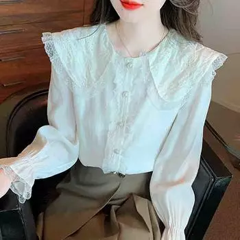 Мода 2024 осень длинный рукав кукольный воротник абрикосовый шифон блузка рубашка женские топы блузки рубашки J521 S абрикосовый