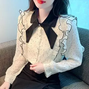 Мода 2024 осень длинный рукав кукольный воротник повседневные оборки горошек шифон блузка рубашка женские топы блузки рубашки J523 S абрикосовый