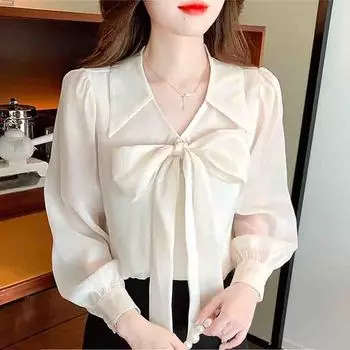 Мода 2024 Осень Длинный рукав Лук Отложной воротник Повседневный Абрикосовый шифон Блузка Рубашка Женские топы Блузки Рубашки J540 S абрикосовый