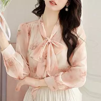 Мода 2024 Осень Длинный рукав На шнуровке Воротник-бант Принт Шифон Блузка Рубашка Женские Топы Блузки Рубашки J424 S