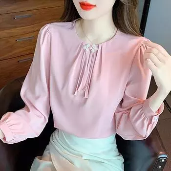 Мода 2024 осень длинный рукав О-образный вырез офисная женская розовая шифоновая блузка рубашка женские топы блузки рубашки J477 S розовый