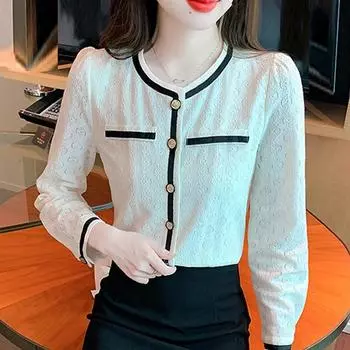 Мода 2024 осень длинный рукав О-образный вырез абрикосовый кружевной блузка рубашка женские топы блузки рубашки J482 S абрикосовый