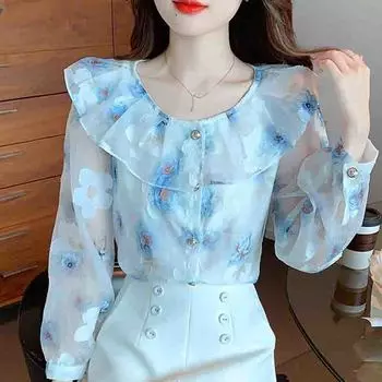 Мода 2024 осень длинный рукав О-образный вырез повседневные оборки принт шифон блузка рубашка женские топы блузки рубашки J562 S