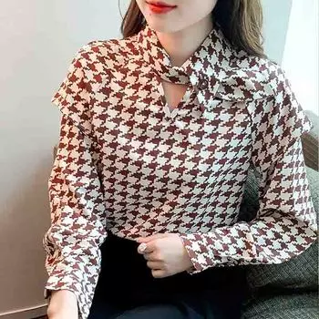Мода 2024 Осень Длинный Рукав О-Образным Вырезом Повседневная Клетчатая Шифоновая Блузка Рубашка Женские Топы Блузки Рубашки J581 S