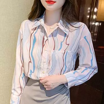 Мода 2024 Осень Длинный рукав Офис Леди Отложной воротник Карман Полосатый шифон Блузка Рубашка Женские Топы Блузки Рубашки J558 S