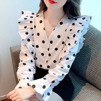 Мода 2024 осень длинный рукав V-образный вырез офисная женская блузка в горошек оборки рубашка женские топы блузки рубашки J535 S