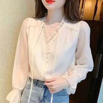 Мода 2024 Осень Длинный рукав V-образный вырез Повседневный абрикосовый шифон блузка рубашка женские топы блузки рубашки J571 S абрикосовый