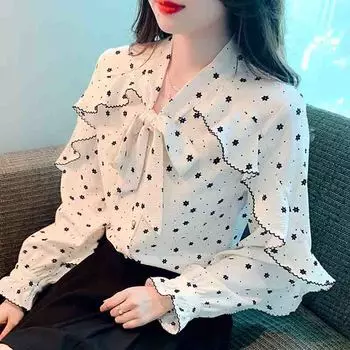 Мода 2024 Осень Длинный рукав Воротник-бант Повседневный Оборки Принт Шифон Блузка Рубашка Женские Топы Блузки Рубашки J519 S жемчужина белый