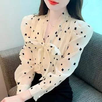 Мода 2024 Осень Длинный рукав Зашнуровать бант Воротник Принт Шифон Блузка Рубашка Женские Топы Блузки Рубашки J487 S абрикосовый