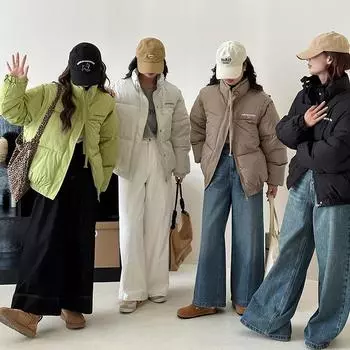 МОДА 2024 осень и зима короткая хлопковая подкладка женская стойка воротник два носить утолщенный хлопковая подкладка s студенческая бейсбольная одежда S кофейный