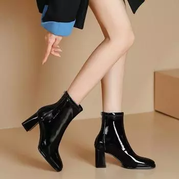 мода 2024 осень и зима лакированные туфли женские сапоги на толстом каблуке сексуальные короткие сапоги на высоком каблуке женские модные тенденции 35 бежевый