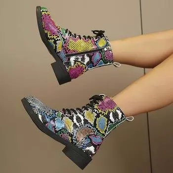 мода 2024 осень красочные ботильоны со змеиным принтом женские короткие ботинки из искусственной кожи на шнуровке модные женские ботинки 35-42 35 коричневый