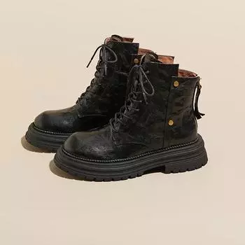 мода 2024 осень мода новые женские черные сапоги удобные шнурованные с круглым носком короткие сапоги на высоком каблуке ботильоны 35 чёрный