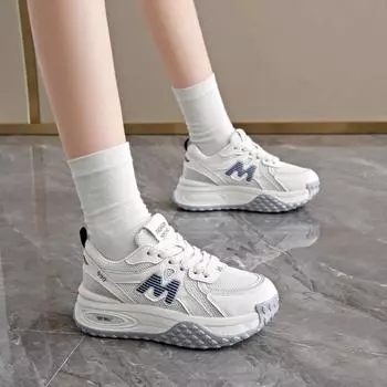 Мода 2024 Осень Модные и удобные женские дышащие однотонные повседневные низкие кроссовки на шнуровке 35 синий