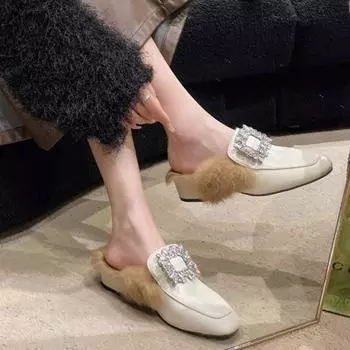 Мода 2024 Осень Новая мода Женская удобная обувь Плюшевые тапочки на толстом каблуке, украшенные стразами 35 бежевый