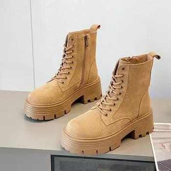 Мода 2024 Осень Новые Ботильоны из натуральной кожи Женские замшевые толстые женские короткие ботинки Женские мотоциклетные ботинки в британском стиле 34