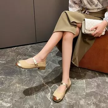 Мода 2024 Осень Новые Красные Туфли Мэри Джейн Корейский Стиль Модные Женские Туфли-лодочки с Круглым Носком Удобные Женские Туфли На Квадратном Каблуке 35 бежевый