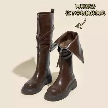 Мода 2024 Осень Новые Сапоги До Колена Женские Мотоциклетные Сапоги С Пряжкой На Толстой Подошве Модные Сапоги С Высоким Рукавом 35 чёрный