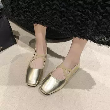 Мода 2024 Осень Новые женские модные туфли с квадратным носком и тонким ремешком Crossover Удобные туфли на высоком каблуке 36 золотой