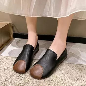 Мода 2024 Осень Новые женские модные туфли с круглым носком, универсальные однотонные мокасины без застежек 35 чёрный