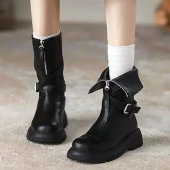Мода 2024 Осень Новые женские ретро с круглым носком модные теплые однотонные короткие сапоги с пряжкой 35 чёрный