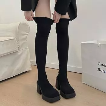 Мода 2024 Осень Новые женские ретро с круглым носком модные теплые однотонные сапоги-чулки 35 чёрный
