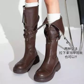 Мода 2024 Осень Новые женские ретро с круглым носком Модные теплые пряжки украшенные однотонные высокие сапоги 35