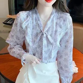 Мода 2024 Осень Повседневный Длинный Рукав Воротник-Бант Оборки Принт Шифон Блузка Рубашка Женские Топы Блузки Рубашки J510 S