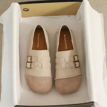 мода 2024 осень женские туфли на плоской подошве в корейском стиле с пряжкой на ремне туфли-лодочки Мэри Джейн женские повседневные мокасины бесплатная доставка 35 коричневый