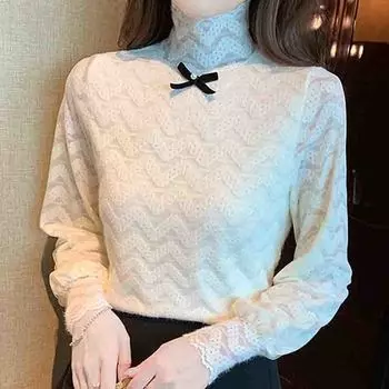 Мода 2024 Осень Зима Длинный рукав Лук Водолазка Тонкий Абрикосовый бархат кружева Блузка Рубашка Женские топы Блузки Рубашки J763 S абрикосовый