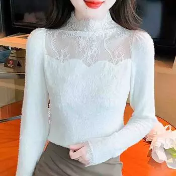 Мода 2024 Осень Зима Длинный рукав Половина Высокий воротник Сексуальная кружевная блузка рубашка Женщины Топы блузки рубашки J786 S абрикосовый
