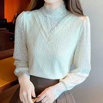 Мода 2024 Осень Зима Длинный рукав Полувысокий воротник Тонкий бархат кружева блузка рубашка Женщины Топы Блузки Рубашки J765 S абрикосовый