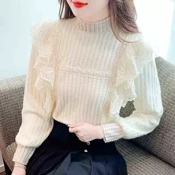 Мода 2024 Осень Зима Длинный рукав Полувысокий воротник Оборки Бархатная кружевная блузка рубашка Женские топы Блузки Рубашки J756 S абрикосовый