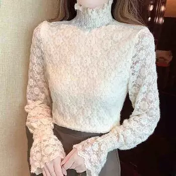 Мода 2024 Осень Зима Длинный рукав Полувысокий воротник Бархатная кружевная блузка рубашка Женские топы Блузки Рубашки J753 S абрикосовый