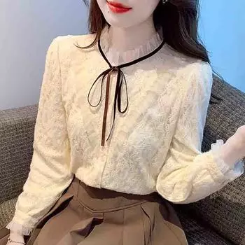 Мода 2024 Осень Зима Длинный рукав Шнуровка воротник стойка Бархатная кружевная блузка рубашка Женщины Топы Блузки Рубашки J758 S абрикосовый