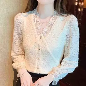 Мода 2024 Осень Зима Длинный рукав V-образный вырез Абрикосовый бархат кружевная блузка рубашка женские топы блузки рубашки J768 S абрикосовый