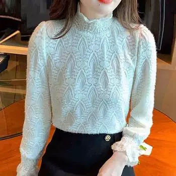 Мода 2024 Осень Зима Длинный рукав Высокий воротник Тонкий абрикосовый кружевной блузка рубашка женские топы блузки рубашки J553 S абрикосовый