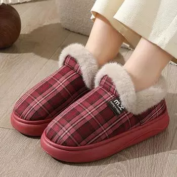 Мода 2024 Осень Зима Новые Теплые Клетчатые Хлопковые Тапочки Женские Домашние Тапочки С Завязкой На Каблуке Меховые Тапочки Модные Парные Платформы Мягкие Шлепанцы 36-37 серый