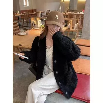 МОДА 2024 осень зима новый искусственный мех ягненка мех молодой утолщенный черный меховой пальто женская Одежда S чёрный