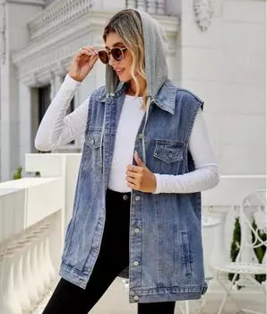 Мода 2024 Осень Зима Новый женский длинный джинсовый жилет без рукавов Модная свободная съемная куртка с капюшоном из джинсовой ткани Пальто Повседневная одежда S-XL S синий