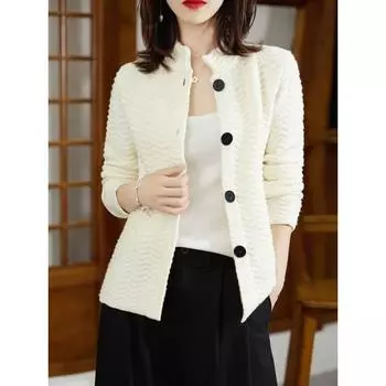 МОДА 2024 осень-зима полуводолазка кардиган женский жаккардовый свободный топ ленивый вязаный свитер женская Одежда One Size белый