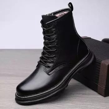 Мода 2024 Осень Зима Толстые Базовые Сапоги Среднего Верха Мужские Британские Трендовые Сапоги Высокие Корейские Повседневные Туфли Мотоциклетные Сапоги для Мужчин 37 чёрный