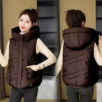 МОДА 2024 осень-зима женский хлопковый жилет свободный утолщенный хлопковый жилет новый пуховый хлопковый с капюшоном модный женский жилет Одежда M